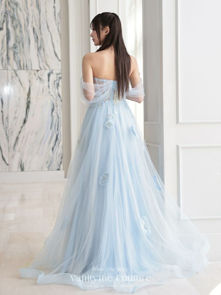 【2点セット】vanityME.couture. バニティミークチュール フラワー×バタフライ スパンコール刺繡 チュールスリーブ付き オフショル プリンセス 姫 ロングドレス バースデードレス ダスティブルー vctr-l-a1246