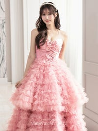 vanityME.couture. バニティミークチュール リボンモチーフ サテン 2段ボリュームフリル プリンセス 姫 ロングドレス バースデードレス ピンク vctr-t-25011-1