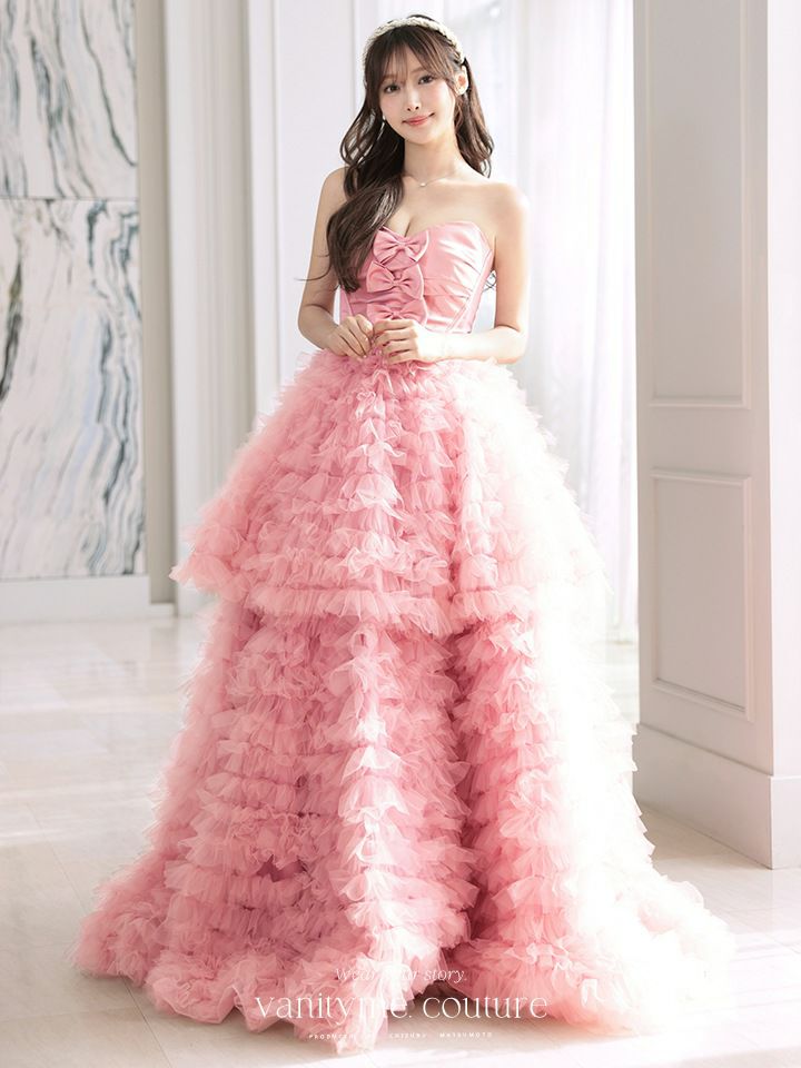 vanityME.couture. バニティミークチュール リボンモチーフ サテン 2段ボリュームフリル プリンセス 姫 ロングドレス バースデードレス ピンク vctr-t-25011-1