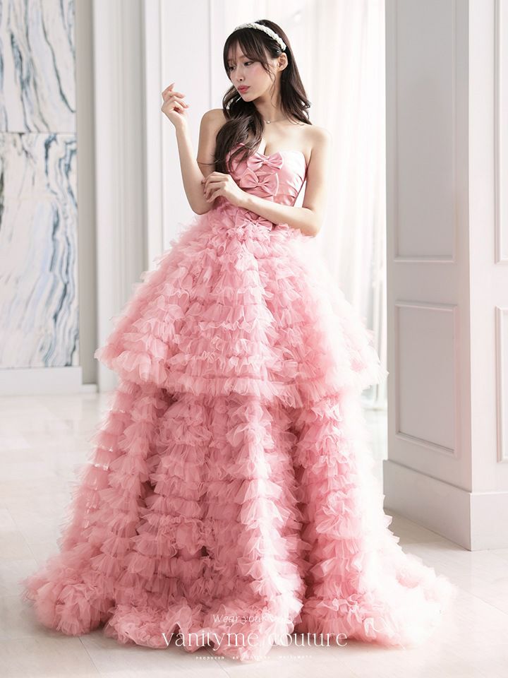 vanityME.couture. バニティミークチュール リボンモチーフ サテン 2段ボリュームフリル プリンセス 姫 ロングドレス バースデードレス ピンク vctr-t-25011-1