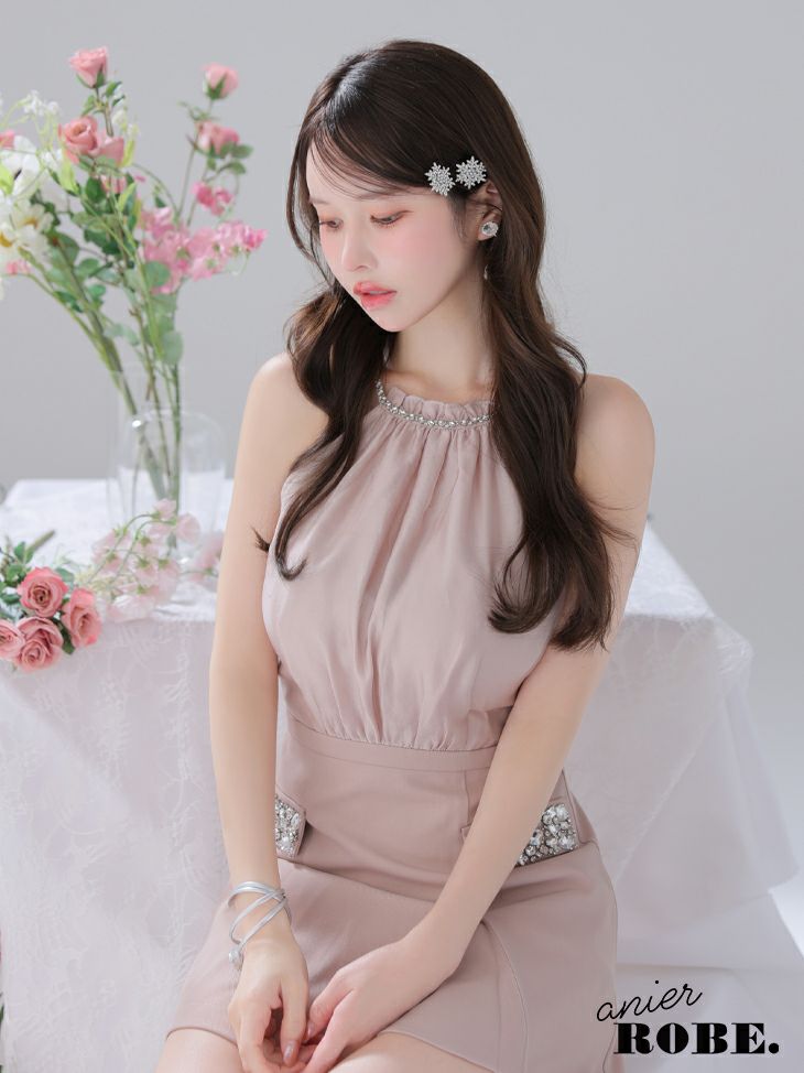 ROBE de FLEURS anier.ROBE ローブドフルール アニエルローブ Satin Bijou back open halter mini dress fm-anier4051-c