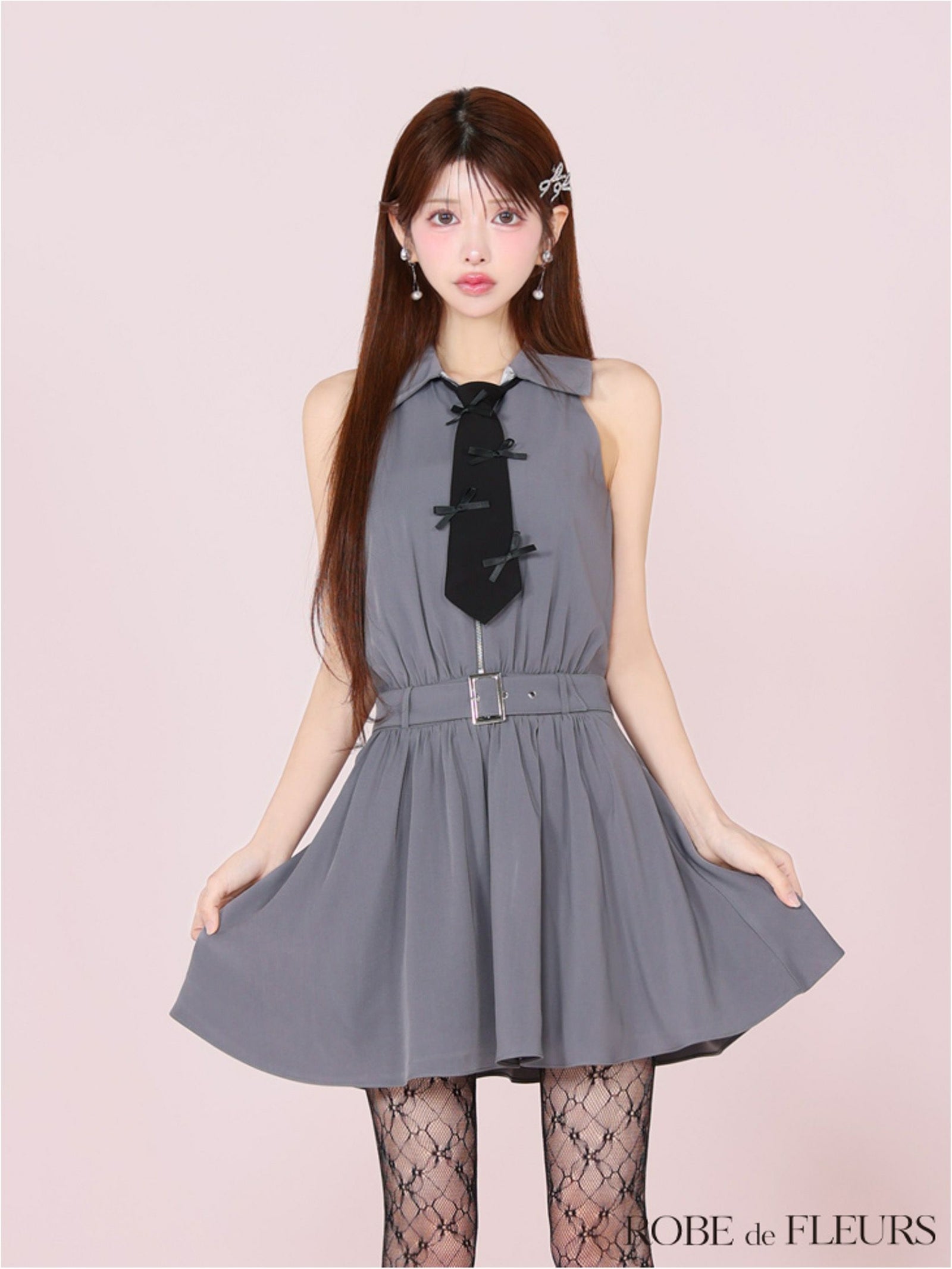ROBE de FLEURS ローブドフルール リボンネクタイフレアミニキャバドレス fm3387-c