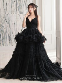 vanityME.couture. バニティミークチュール Vネック ペプラム ボリュームフリル チュール プリンセス 姫 ロングドレス バースデードレス ブラック vctr-t-25010