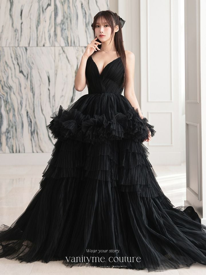 vanityME.couture. バニティミークチュール Vネック ペプラム ボリュームフリル チュール プリンセス 姫 ロングドレス バースデードレス ブラック vctr-t-25010