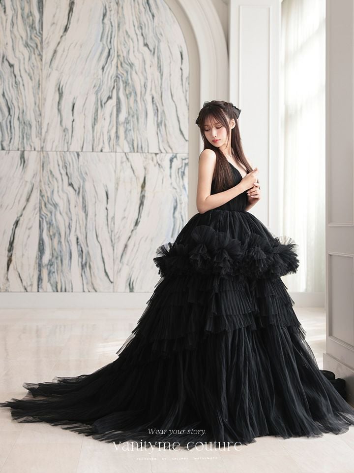 vanityME.couture. バニティミークチュール Vネック ペプラム ボリュームフリル チュール プリンセス 姫 ロングドレス バースデードレス ブラック vctr-t-25010