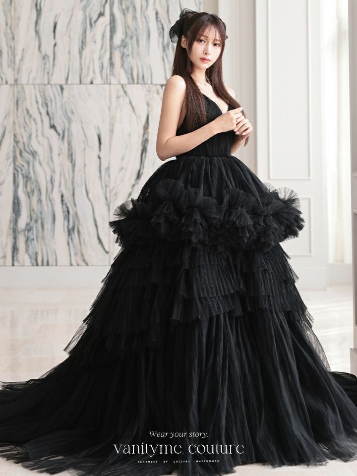 vanityME.couture. バニティミークチュール Vネック ペプラム ボリュームフリル チュール プリンセス 姫 ロングドレス バースデードレス ブラック vctr-t-25010