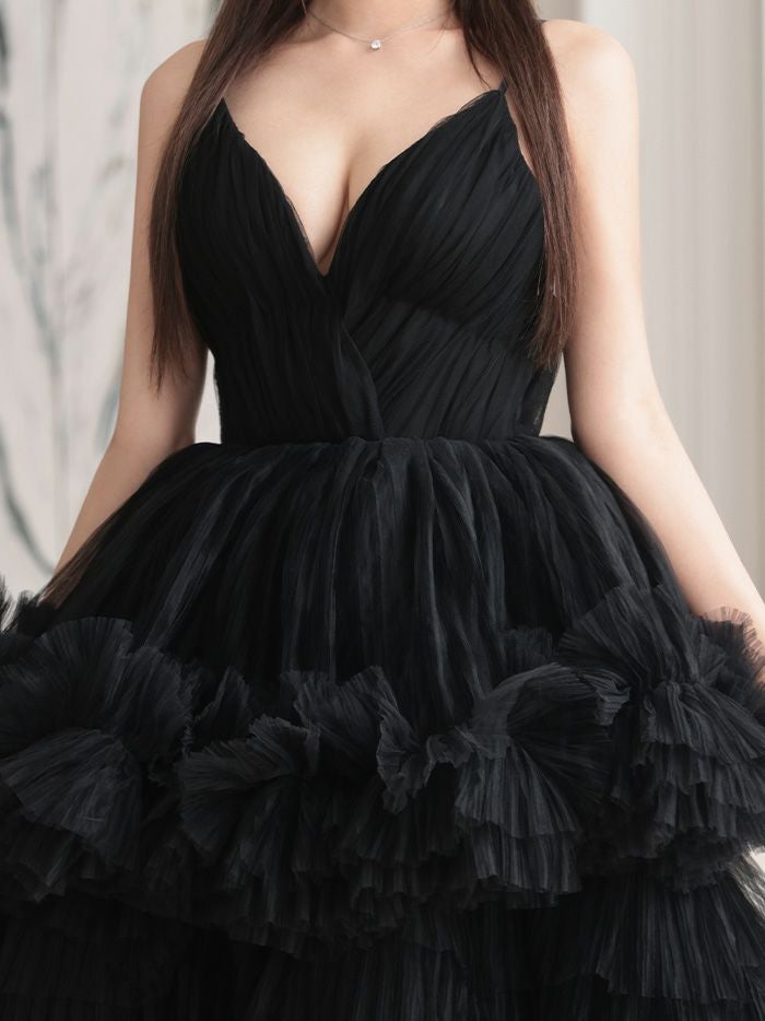 vanityME.couture. バニティミークチュール Vネック ペプラム ボリュームフリル チュール プリンセス 姫 ロングドレス バースデードレス ブラック vctr-t-25010