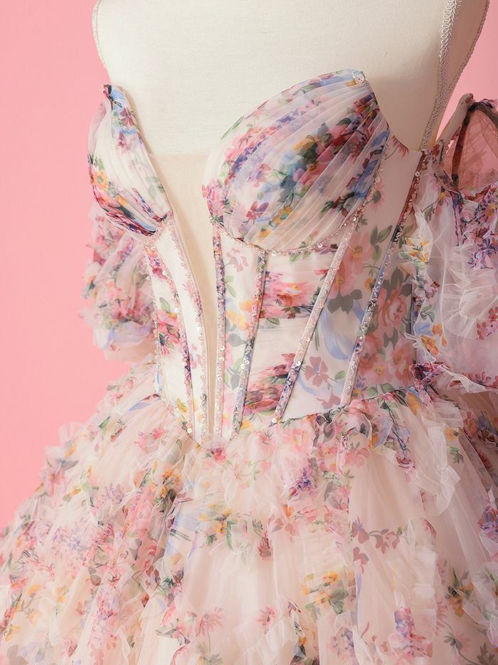 vanityME.couture. バニティミークチュール アンティークフラワー 花柄 パフスリーブ付き バストカットアウト プリンセス 姫 ロングドレス バースデードレス ピンク vctr-l-gl3609