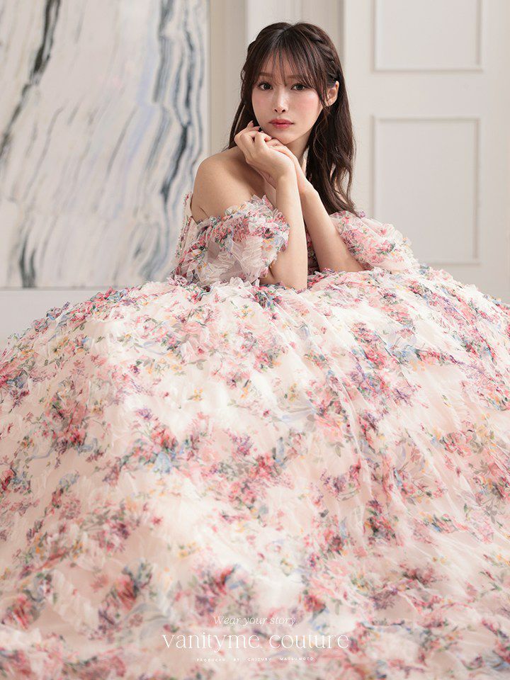 vanityME.couture. バニティミークチュール アンティークフラワー 花柄 パフスリーブ付き バストカットアウト プリンセス 姫 ロングドレス バースデードレス ピンク vctr-l-gl3609