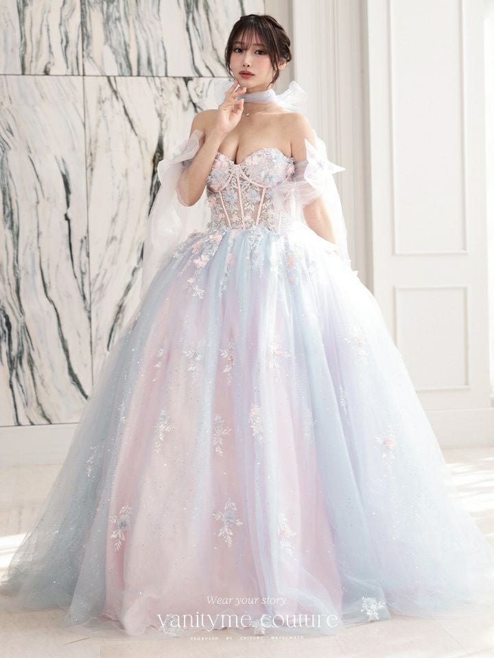 【3点セット】vanityME.couture. バニティミークチュール オーロラグラデーション フラワーモチーフ リボン ショール・スリーブ付き プリンセス 姫 ロングドレス バースデードレス ブルーピンク vctr-l-gl3570