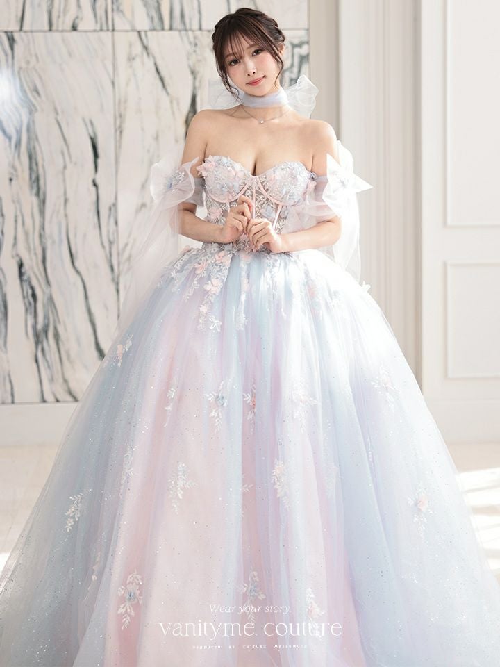 【3点セット】vanityME.couture. バニティミークチュール オーロラグラデーション フラワーモチーフ リボン ショール・スリーブ付き プリンセス 姫 ロングドレス バースデードレス ブルーピンク vctr-l-gl3570