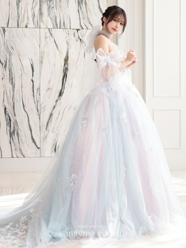 【3点セット】vanityME.couture. バニティミークチュール オーロラグラデーション フラワーモチーフ リボン ショール・スリーブ付き プリンセス 姫 ロングドレス バースデードレス ブルーピンク vctr-l-gl3570