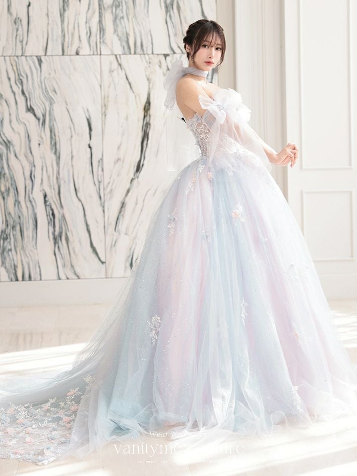 【3点セット】vanityME.couture. バニティミークチュール オーロラグラデーション フラワーモチーフ リボン ショール・スリーブ付き プリンセス 姫 ロングドレス バースデードレス ブルーピンク vctr-l-gl3570