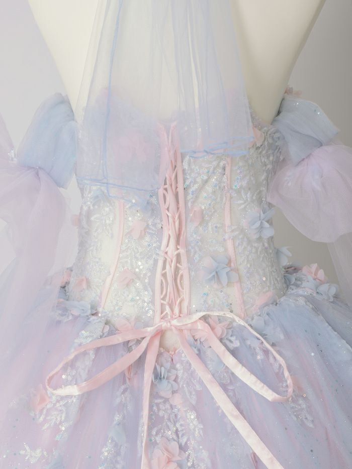 【3点セット】vanityME.couture. バニティミークチュール オーロラグラデーション フラワーモチーフ リボン ショール・スリーブ付き プリンセス 姫 ロングドレス バースデードレス ブルーピンク vctr-l-gl3570