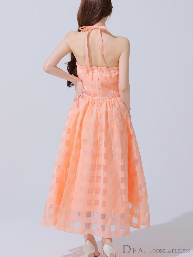 DEA. ディア バイ ローブドフルール ギンガムチェックオーガンジーフレアロングキャバドレス de3784