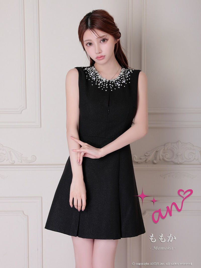 an アン ビジューカラー バックオープン プリーツスカート フレア ミニドレス ワンピース aoc-3874