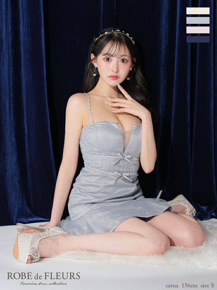 ROBE de FLEURS ローブドフルール ラメチュールサテンバストビジューミニキャバドレス fm3582