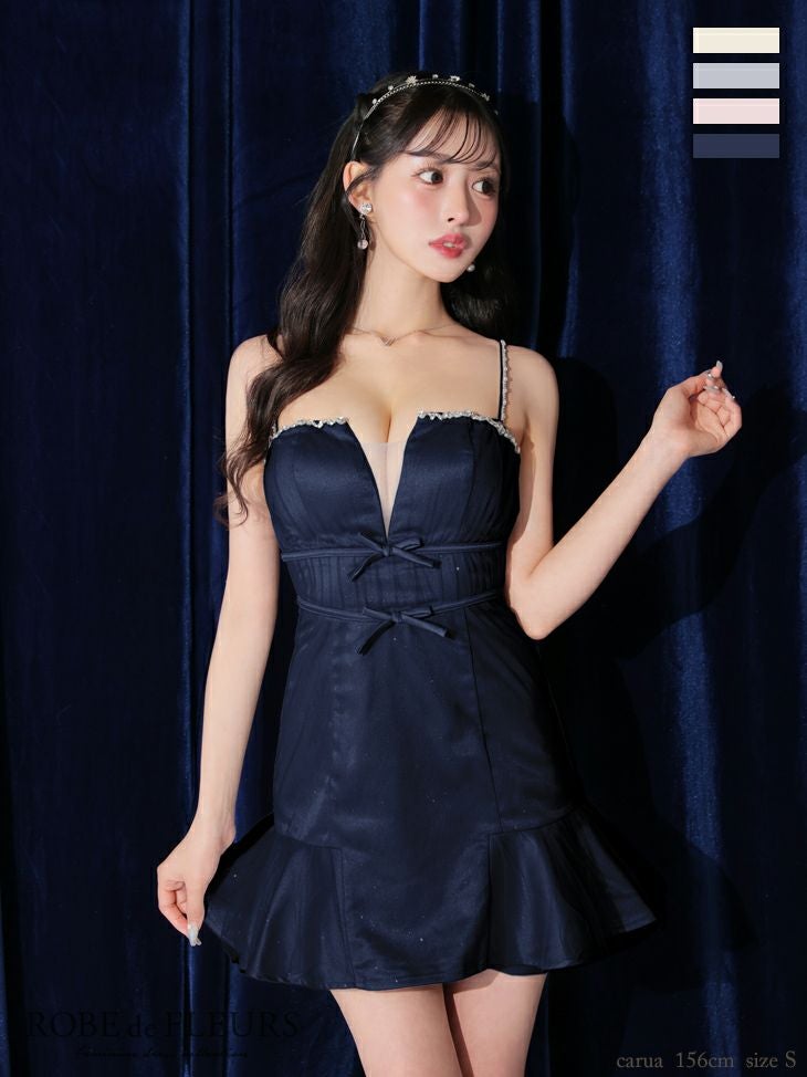 ROBE de FLEURS ローブドフルール ラメチュールサテンバストビジューミニキャバドレス fm3582