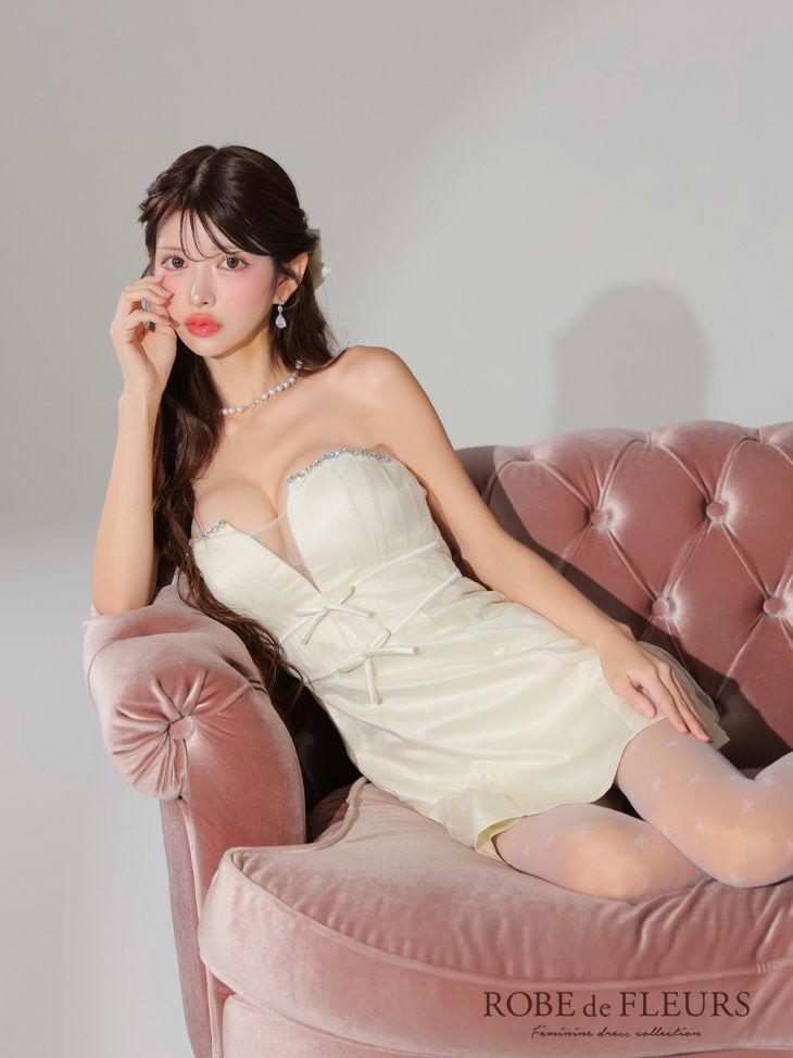 ROBE de FLEURS ローブドフルール ラメチュールサテンバストビジューミニキャバドレス fm3582