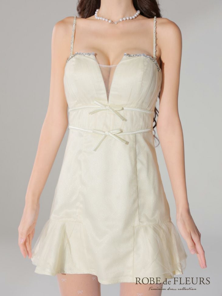 ROBE de FLEURS ローブドフルール ラメチュールサテンバストビジューミニキャバドレス fm3582