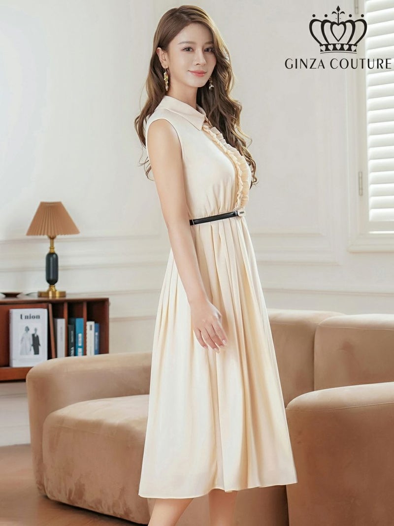 ERUKEI エルケイ ボタン・襟付き・Aライン・ノースリーブ・シフォン・ミディアムドレス・ワンピース ek-c23082