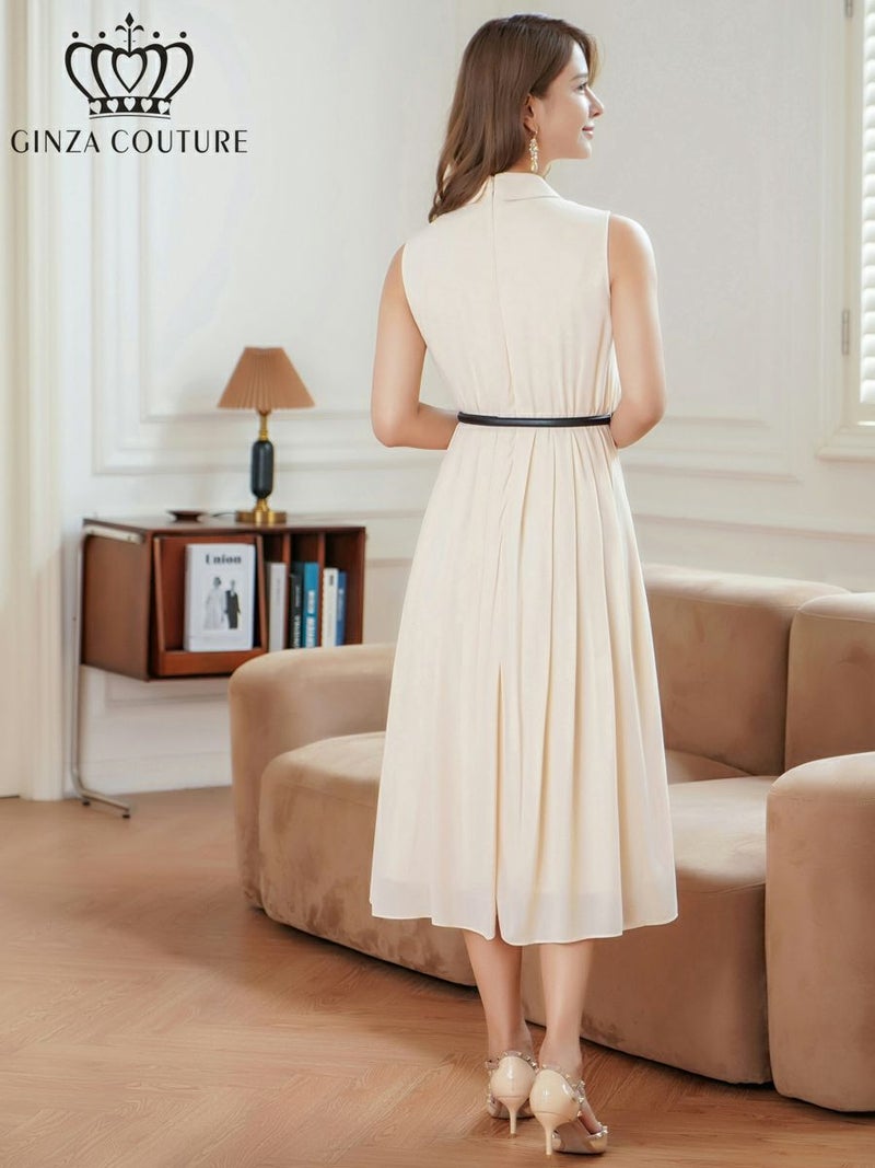 ERUKEI エルケイ ボタン・襟付き・Aライン・ノースリーブ・シフォン・ミディアムドレス・ワンピース ek-c23082