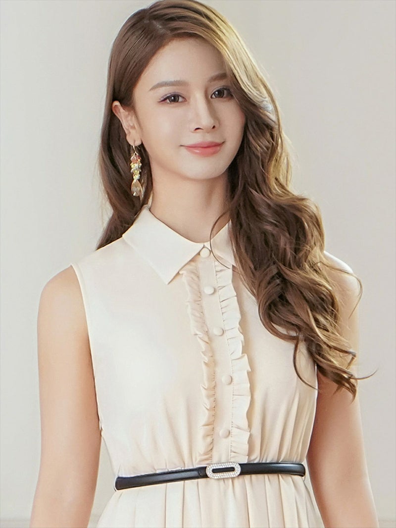 ERUKEI エルケイ ボタン・襟付き・Aライン・ノースリーブ・シフォン・ミディアムドレス・ワンピース ek-c23082