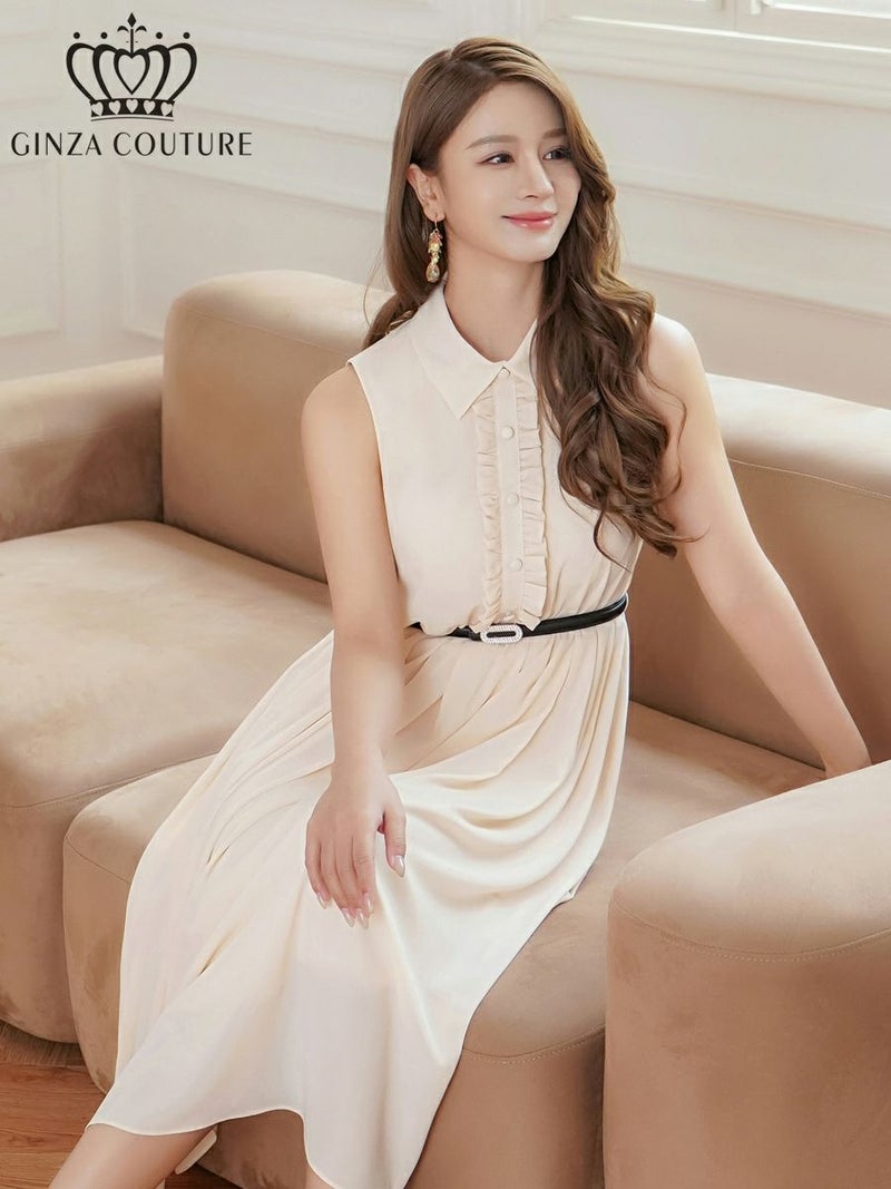 ERUKEI エルケイ ボタン・襟付き・Aライン・ノースリーブ・シフォン・ミディアムドレス・ワンピース ek-c23082