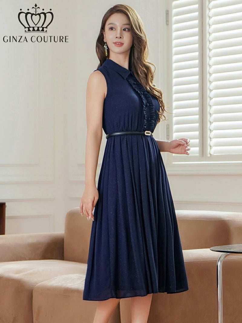 ERUKEI エルケイ ボタン・襟付き・Aライン・ノースリーブ・シフォン・ミディアムドレス・ワンピース ek-c23082