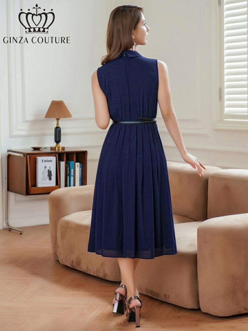 ERUKEI エルケイ ボタン・襟付き・Aライン・ノースリーブ・シフォン・ミディアムドレス・ワンピース ek-c23082