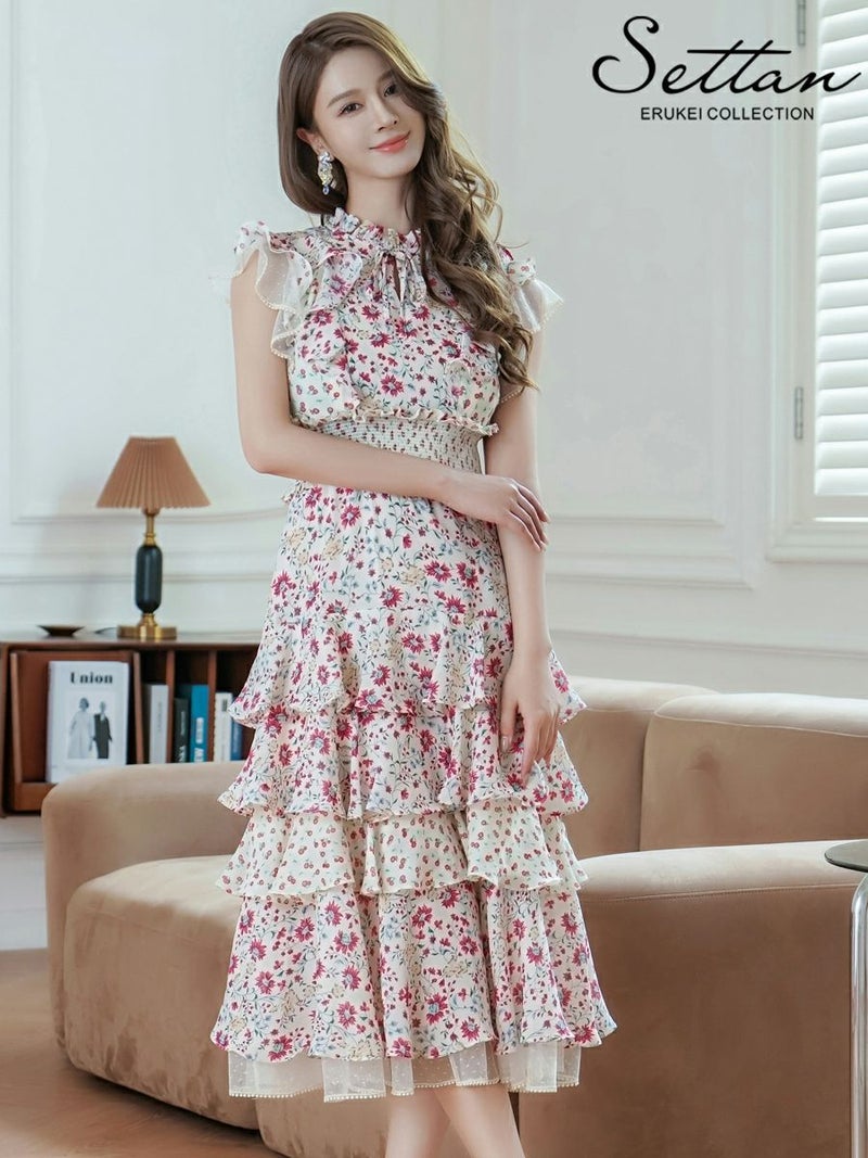 ERUKEI エルケイ ティアード・フリル・プチハイネック・ミディアムドレス・ワンピース ek-s31208