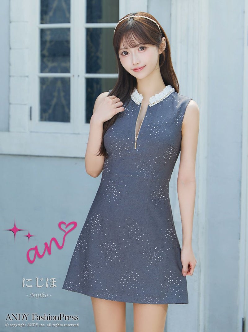 an アン レース襟 ビジューラメ生地 フロントジップ バックオープン セミタイト ミニドレス ワンピース aoc-3881