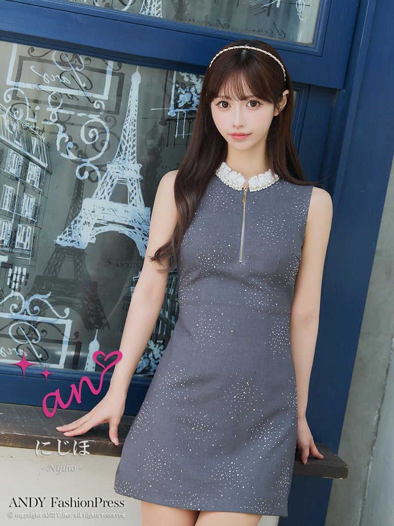 an アン レース襟 ビジューラメ生地 フロントジップ バックオープン セミタイト ミニドレス ワンピース aoc-3881