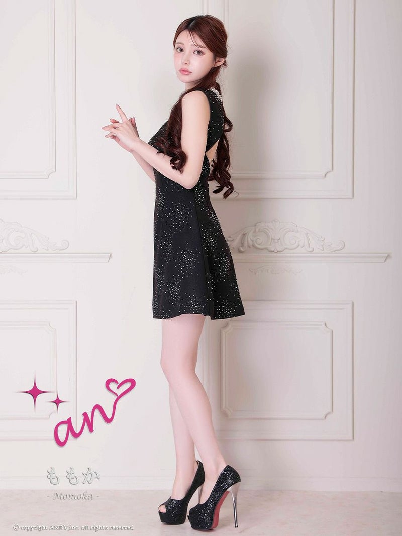 an アン レース襟 ビジューラメ生地 フロントジップ バックオープン セミタイト ミニドレス ワンピース aoc-3881