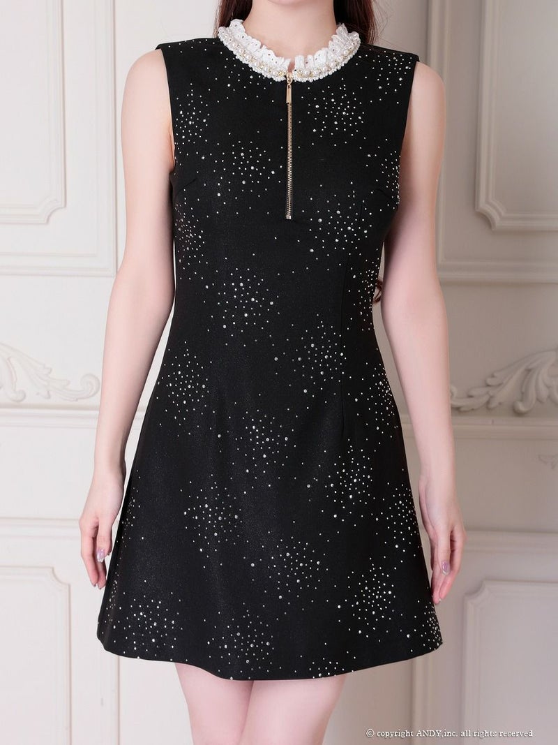 an アン レース襟 ビジューラメ生地 フロントジップ バックオープン セミタイト ミニドレス ワンピース aoc-3881