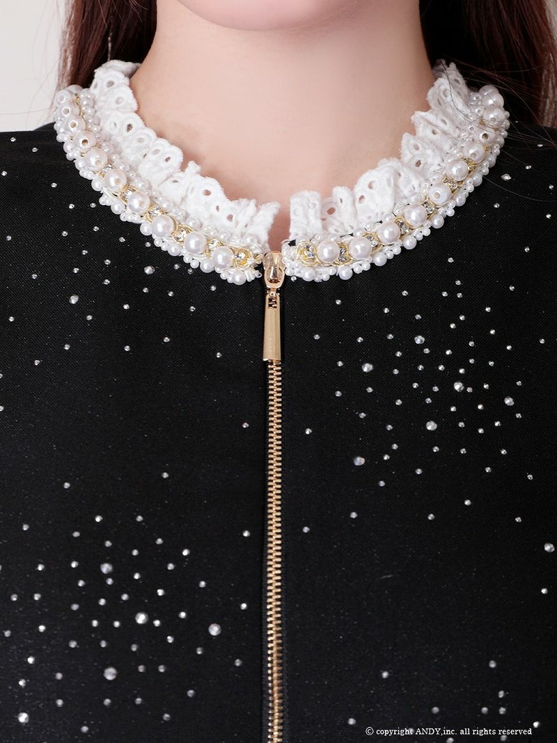 an アン レース襟 ビジューラメ生地 フロントジップ バックオープン セミタイト ミニドレス ワンピース aoc-3881