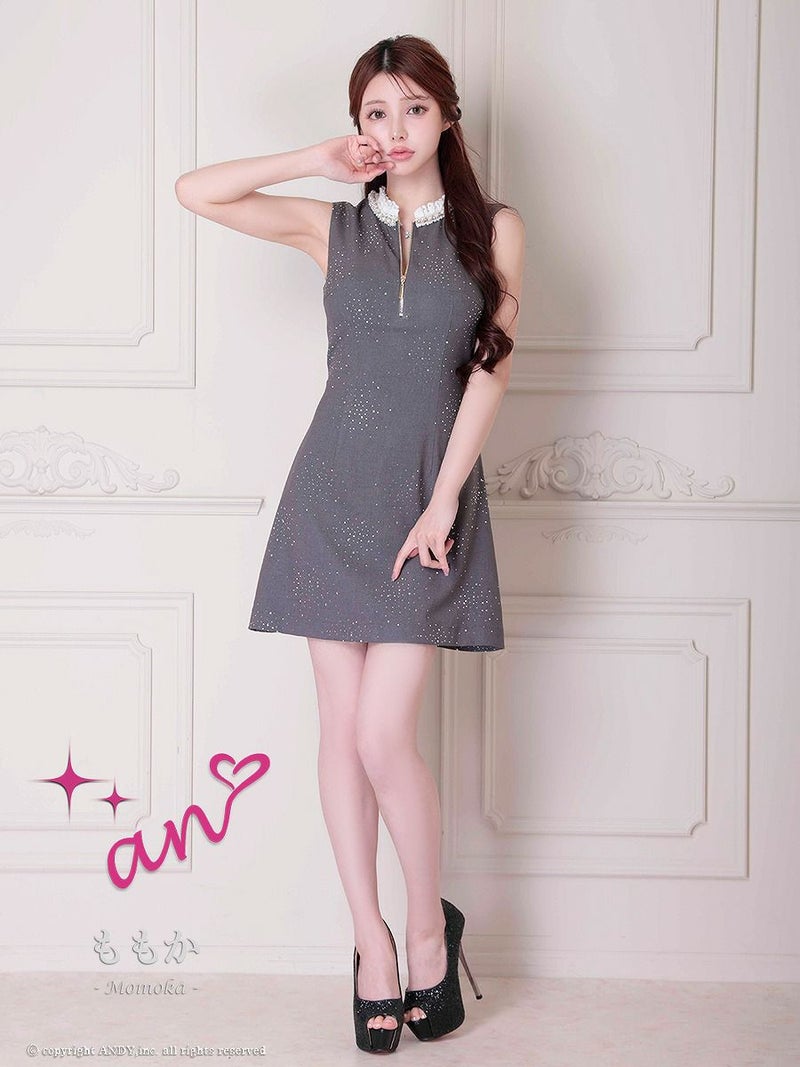 an アン レース襟 ビジューラメ生地 フロントジップ バックオープン セミタイト ミニドレス ワンピース aoc-3881