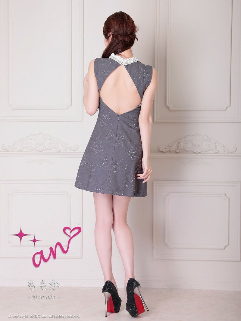 an アン レース襟 ビジューラメ生地 フロントジップ バックオープン セミタイト ミニドレス ワンピース aoc-3881