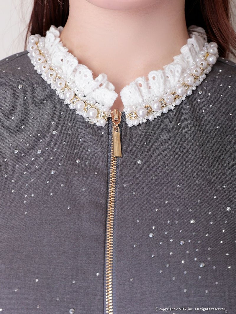 an アン レース襟 ビジューラメ生地 フロントジップ バックオープン セミタイト ミニドレス ワンピース aoc-3881