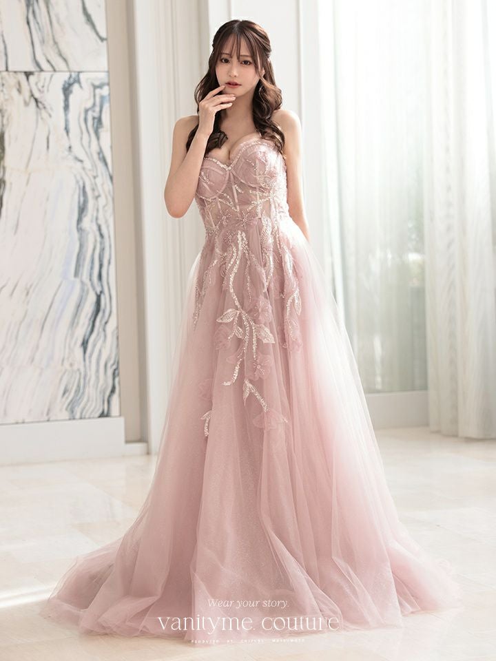 vanityME.couture. バニティミークチュール スパンコール刺繍 フラワーモチーフ スリット入り ベアトップ プリンセス 姫 ロングドレス バースデードレス ブラッシュピンク vctr-l-a1294-2