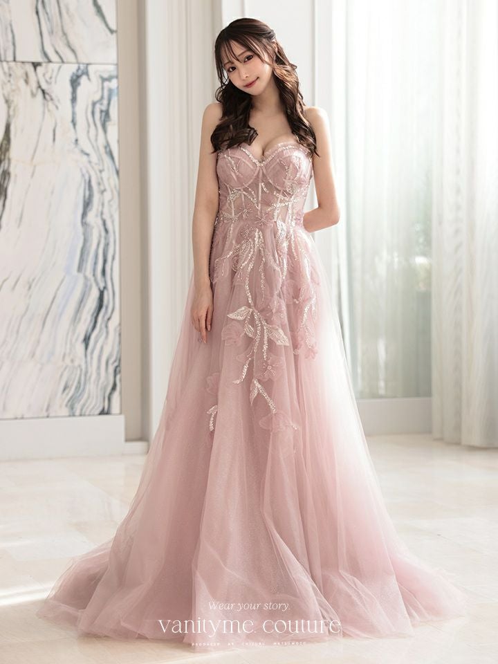 vanityME.couture. バニティミークチュール スパンコール刺繍 フラワーモチーフ スリット入り ベアトップ プリンセス 姫 ロングドレス バースデードレス ブラッシュピンク vctr-l-a1294-2