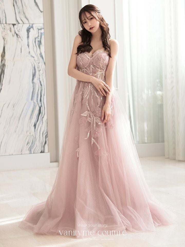 vanityME.couture. バニティミークチュール スパンコール刺繍 フラワーモチーフ スリット入り ベアトップ プリンセス 姫 ロングドレス バースデードレス ブラッシュピンク vctr-l-a1294-2