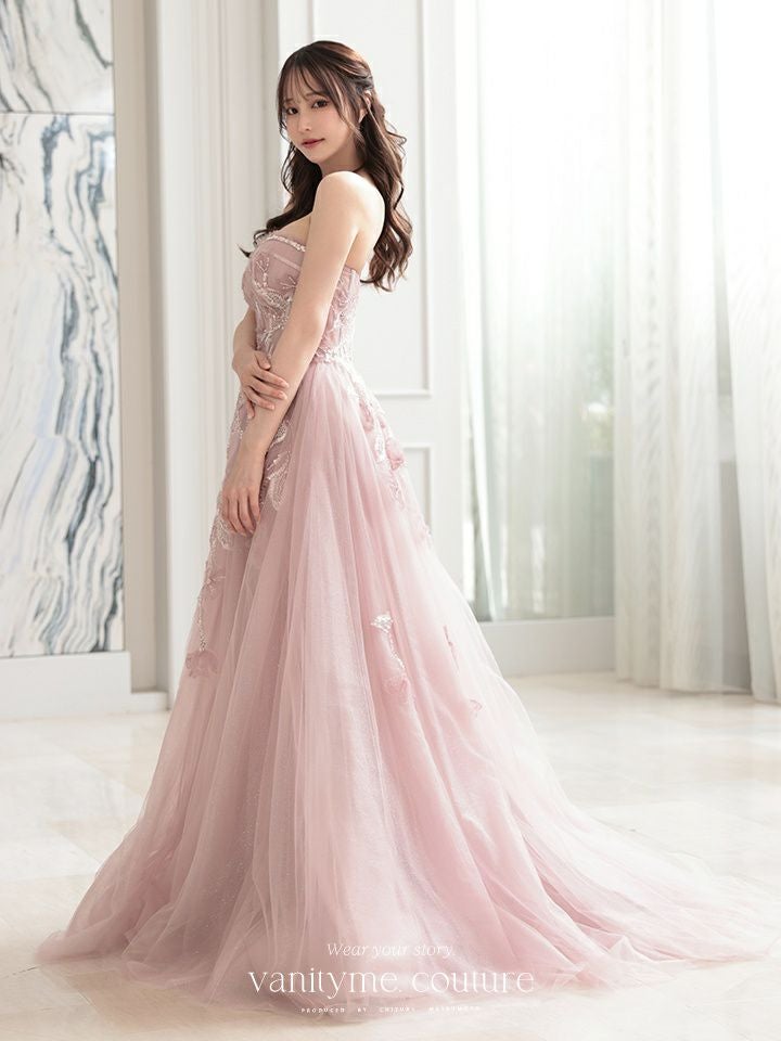 vanityME.couture. バニティミークチュール スパンコール刺繍 フラワーモチーフ スリット入り ベアトップ プリンセス 姫 ロングドレス バースデードレス ブラッシュピンク vctr-l-a1294-2