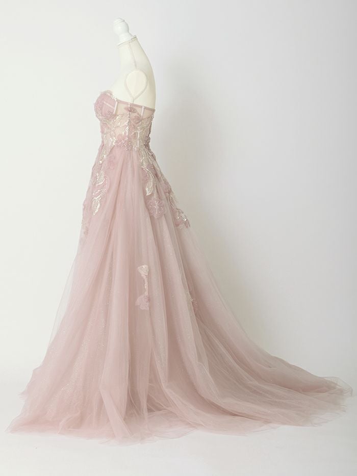 vanityME.couture. バニティミークチュール スパンコール刺繍 フラワーモチーフ スリット入り ベアトップ プリンセス 姫 ロングドレス バースデードレス ブラッシュピンク vctr-l-a1294-2