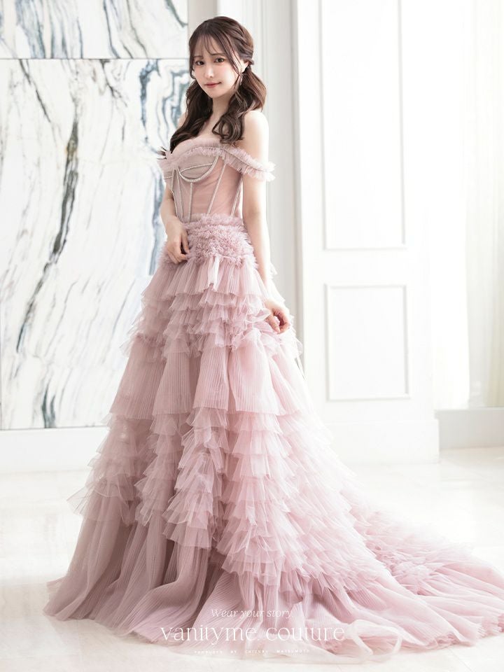 【2点セット】vanityME.couture. バニティミークチュール オフショル チュール ビジューライン ヌードベース リボンショール付き プリンセス 姫 ロングドレス バースデードレス ブラッシュピンク vctr-l-a1150-2