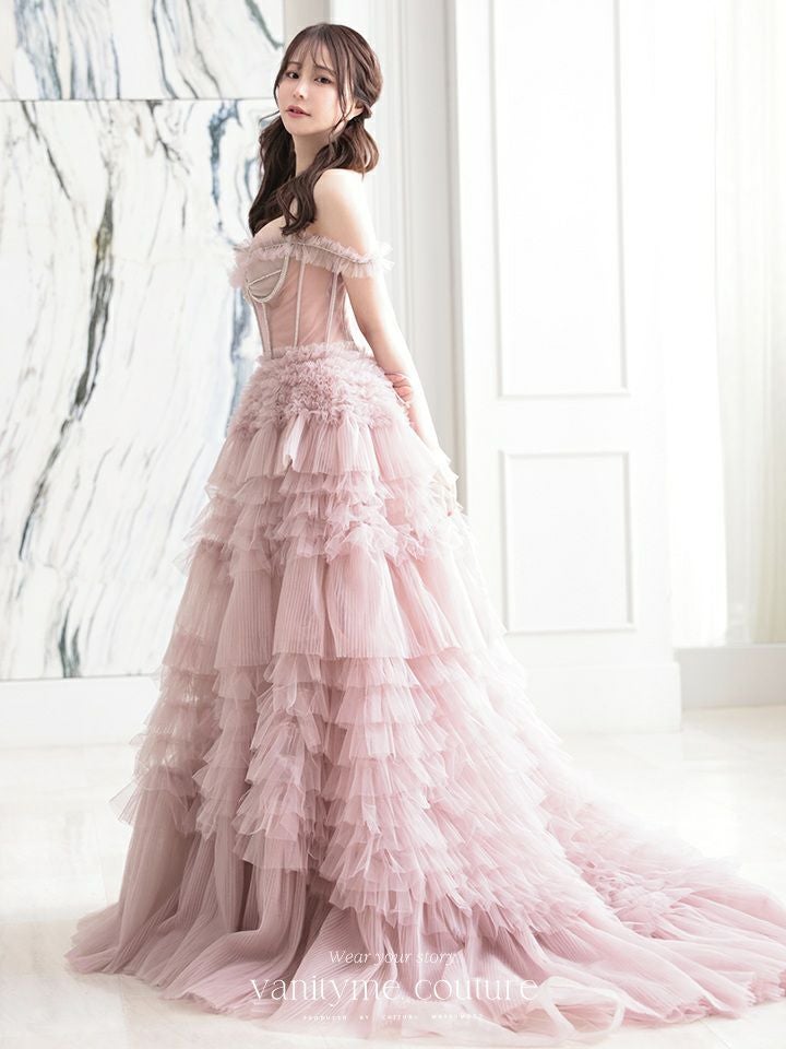 【2点セット】vanityME.couture. バニティミークチュール オフショル チュール ビジューライン ヌードベース リボンショール付き プリンセス 姫 ロングドレス バースデードレス ブラッシュピンク vctr-l-a1150-2