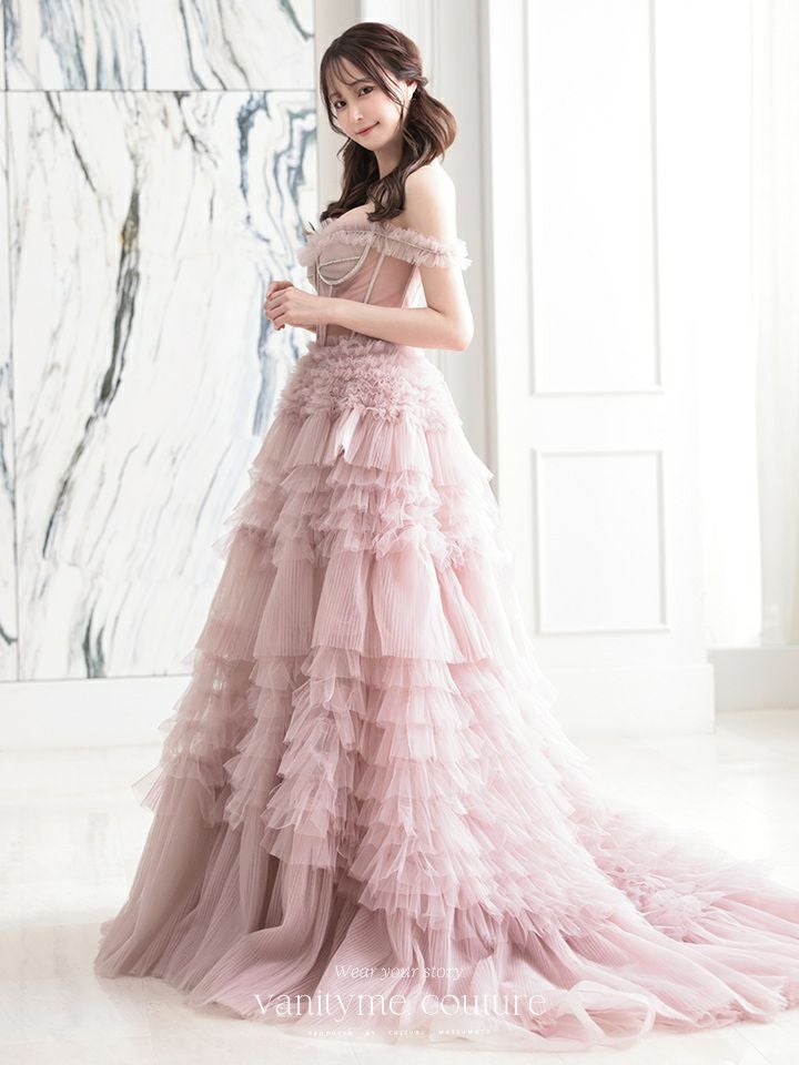 【2点セット】vanityME.couture. バニティミークチュール オフショル チュール ビジューライン ヌードベース リボンショール付き プリンセス 姫 ロングドレス バースデードレス ブラッシュピンク vctr-l-a1150-2