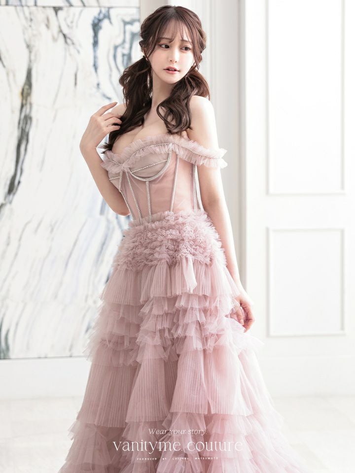 【2点セット】vanityME.couture. バニティミークチュール オフショル チュール ビジューライン ヌードベース リボンショール付き プリンセス 姫 ロングドレス バースデードレス ブラッシュピンク vctr-l-a1150-2