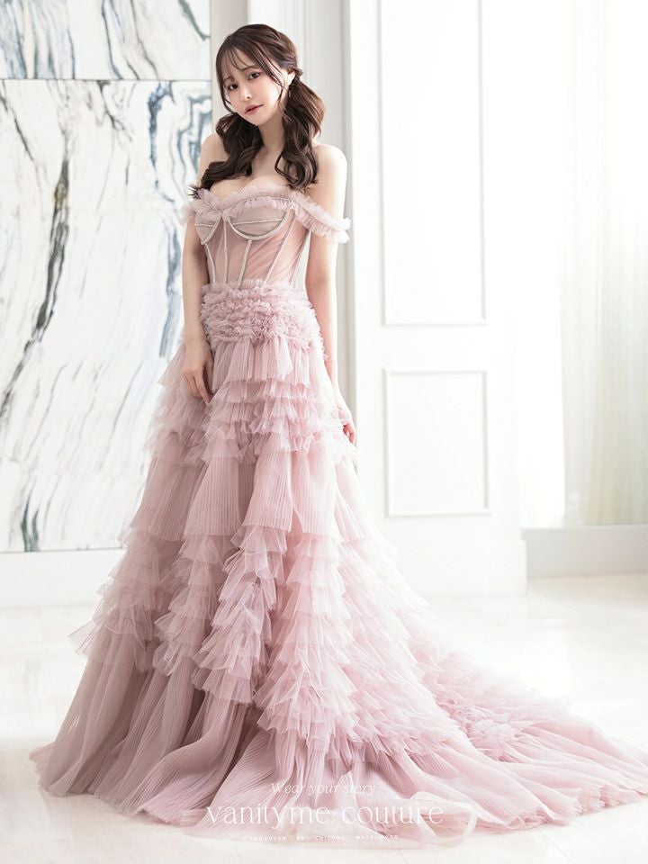 【2点セット】vanityME.couture. バニティミークチュール オフショル チュール ビジューライン ヌードベース リボンショール付き プリンセス 姫 ロングドレス バースデードレス ブラッシュピンク vctr-l-a1150-2