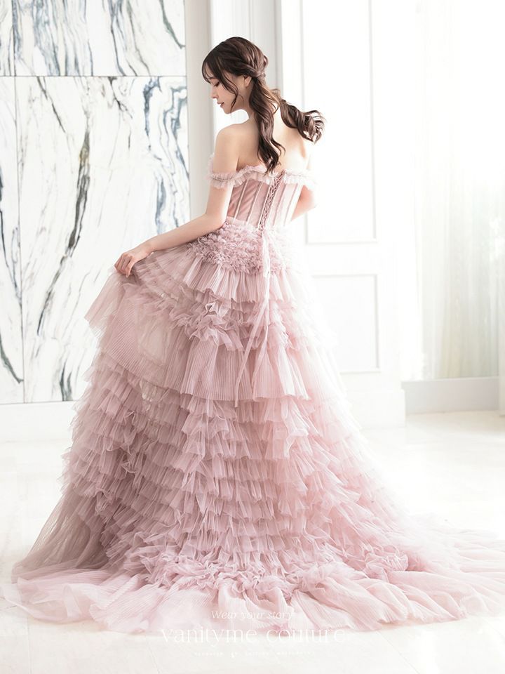 【2点セット】vanityME.couture. バニティミークチュール オフショル チュール ビジューライン ヌードベース リボンショール付き プリンセス 姫 ロングドレス バースデードレス ブラッシュピンク vctr-l-a1150-2